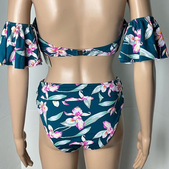 New Boutique Floral Print Emerald Green Off Shoulder Bikini Set - Picture 8 of 13